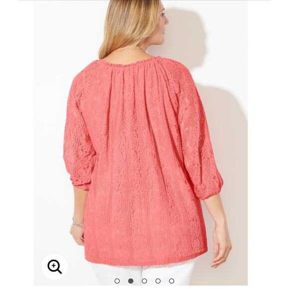 Catherines Women Top 2X Peach Floral Lace Overlay Eyelet Inlet Flowy Feminine - Picture 12 of 13